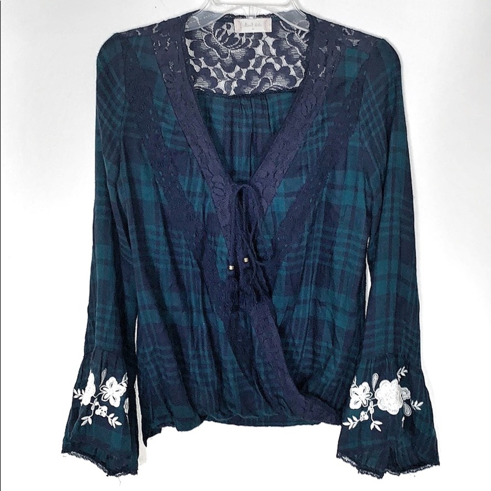 Altar’d State Plaid Wrap Embroidered Blouse